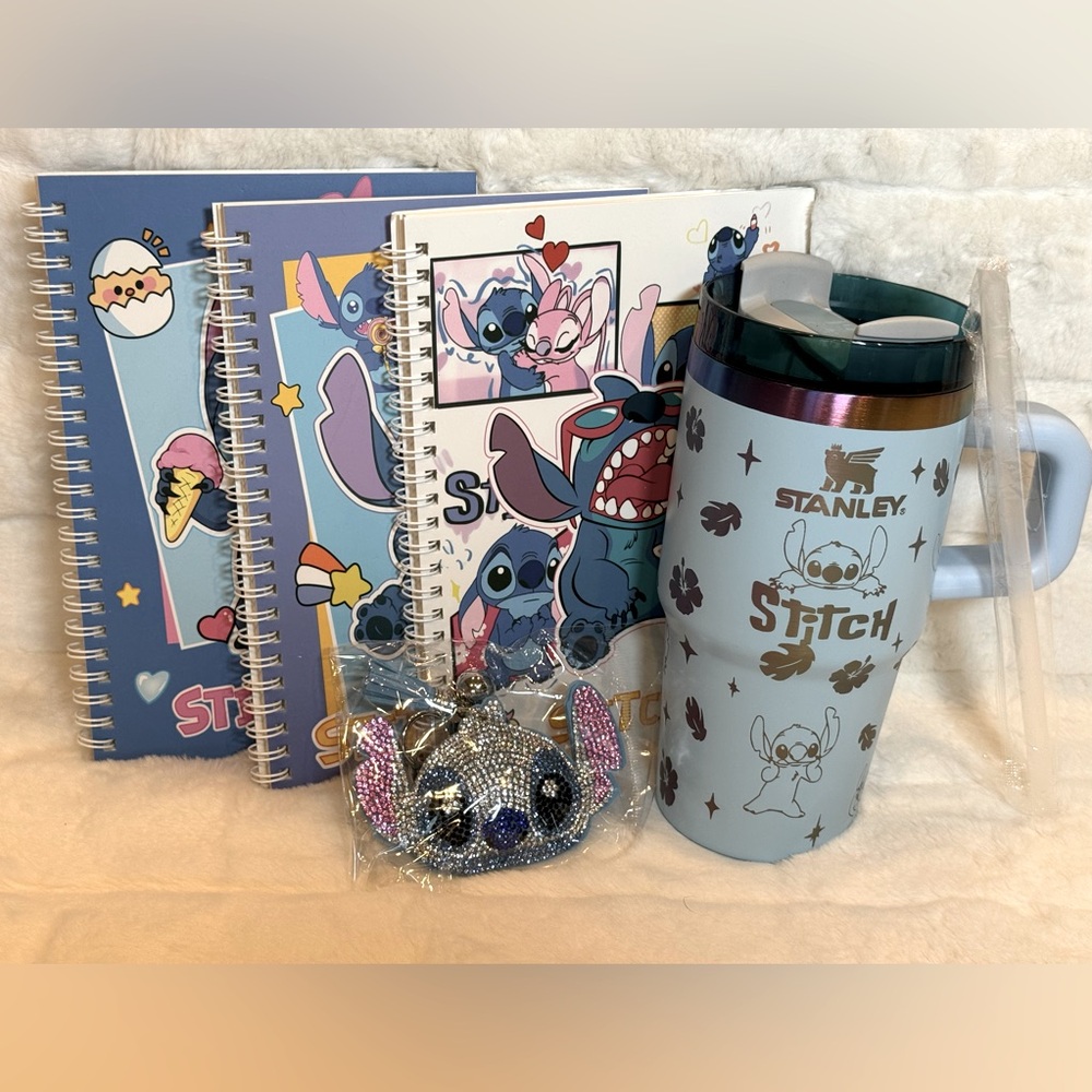 Disney 20 oz Stitch Stanley Tumbler, 3 Stitch notebooks & Stitch charm. NIB